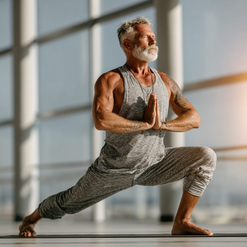 Літня жінка в позі йоги